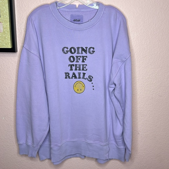Aerie Purple Distressed Oversized Going Off The Rails Sweatshirt - Picture 4 of 7